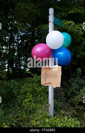 Ballons attachés avec un carton sign énoncées dans le pays, le panneau indique avec une flèche et les ballons signifie qu'une partie est en cours et indique la direction dans laquelle elle se tient. Banque D'Images