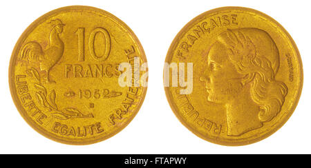 10 francs Bronze 1952 coin isolé sur fond blanc, France Banque D'Images