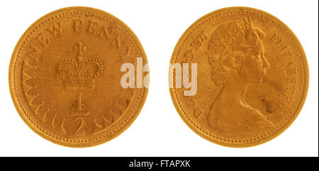 Demi-penny 1971 Bronze coin isolé sur fond blanc, Grande Bretagne Banque D'Images