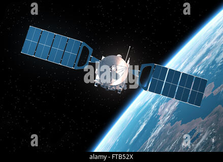 Satellite spatial en orbite autour de la Terre. Scène 3D réaliste. Banque D'Images