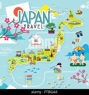 Carte de voyage du Japon avec de belles attractions célèbres Illustration de Vecteur