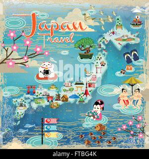 Carte de voyage du Japon avec de belles attractions célèbres Illustration de Vecteur