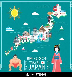 Belle carte de voyage du Japon - Bienvenue au Japon en japonais Illustration de Vecteur