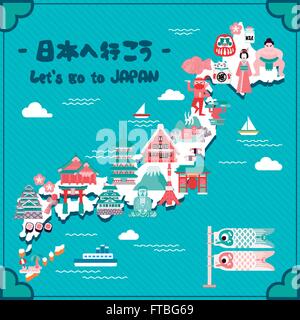 Belle carte de voyage du Japon - Let's go au Japon en japonais Illustration de Vecteur