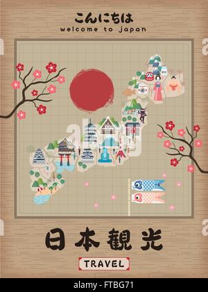 La carte de voyage Japon retro poster- Bonjour Japon japonais en voyage Illustration de Vecteur