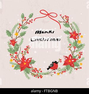 Belle couronne de Noël avec poinsettia et d'oiseaux Illustration de Vecteur