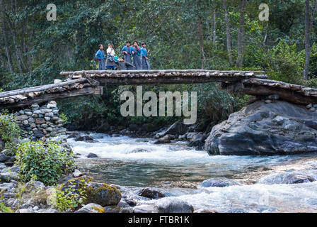 Les enfants debout sur un pont cantilever en bois sur la rivière entre Nabji et Korphu, le sud du Bhoutan Banque D'Images