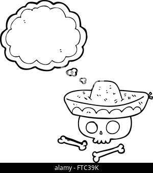 Freehand appelée bulle pensée cartoon skull à Mexican Hat Illustration de Vecteur