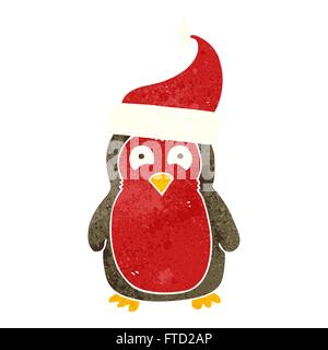Cartoon retro freehand robin wearing christmas hat noël Illustration de Vecteur