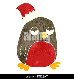 Cartoon retro freehand robin wearing christmas hat noël Illustration de Vecteur