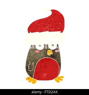 Cartoon retro freehand robin wearing christmas hat noël Illustration de Vecteur