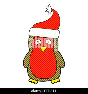 Freehand drawn cartoon christmas robin wearing christmas hat Illustration de Vecteur