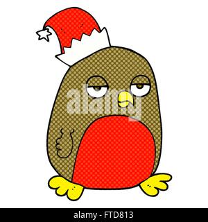 Freehand drawn cartoon christmas robin wearing christmas hat Illustration de Vecteur