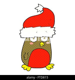 Freehand drawn cartoon christmas robin wearing christmas hat Illustration de Vecteur