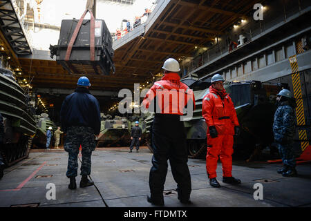 Le 28 février 2016, les marins à bord de l'USS Fort McHenry (LSD 43) se préparent à recevoir une cargaison dans le pont du puits du navire alors qu'il est amarré à Trondheim, en Norvège. Le navire était en route pour participer à l'exercice Cold Response 2016, un exercice militaire multinational impliquant plus de 12 Nations alliées. Banque D'Images