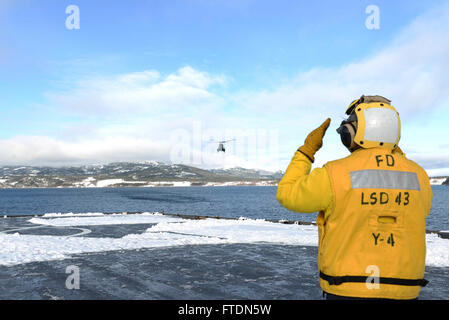 160308-N-AH771-046 NAMSOS FJORD, la Norvège (8 mars 2016) Maître de Manœuvre Matelot-Vridiana Miranda, un marin à bord de la classe Whidbey Island landing ship dock USS Fort McHenry (LSD 43) dirige un hélicoptère NH90 d'atterrir sur le pont d'envol du navire. Le Fort McHenry participe actuellement à l'exercice Cold Response 2016, qui est une bi Norwegian invitational qui teste la capacité des militaires d'opérer dans des conditions de froid extrême. (U.S. Photo par marine Spécialiste de la communication de masse Apprenti matelot/Coxwest Daniel C. libéré) Banque D'Images