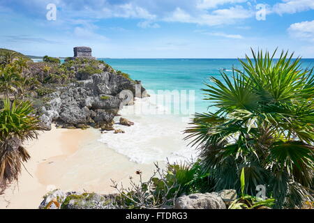 Les anciens Mayas, ruines, des Caraïbes plage de Tulum, Mexico, Mexique la Riviera Banque D'Images