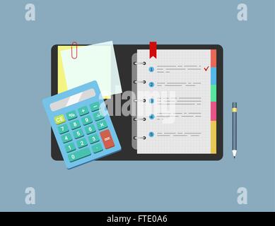 Le bloc-notes, Calculatrice, papier et crayon se trouvent sur la table. Concept de planification , analyse. Vector illustration. Illustration de Vecteur