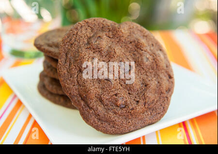 Double chocolate chip cookies sur une plaque à l'extérieur l'été Banque D'Images