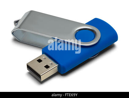 Clé USB bleu avec copie espace isolé sur fond blanc. Banque D'Images