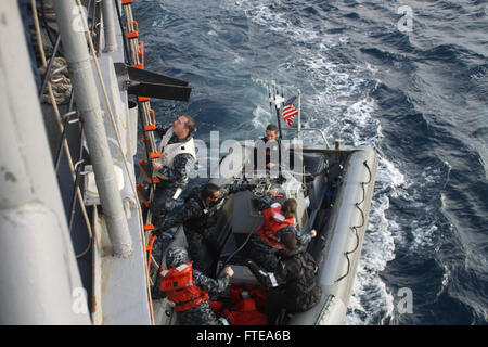 140217-N-ZZ999-006 MER MÉDITERRANÉE (fév. 17, 2014) - Les marins à bord de la classe Oliver Hazard Perry frégate lance-missiles USS Elrod (FFG 55) apporte une embarcation pneumatique à coque rigide le long du navire au cours d'un transfert de personnel. Elrod est sur un déploiement prévu des opérations de sécurité maritime et les efforts de coopération en matière de sécurité dans le théâtre américain dans la 6ème zone d'opérations de la flotte. (U.S. Photo par Marine 1ère classe Technician-Technical Cryptologic Brandon J. Oqasmieh/libérés) Inscrivez-vous à la conversation sur Twitter ( https://twitter.com/naveur navaf ) Suivez-nous sur Facebook ( https://www.facebook.com/USNa Banque D'Images