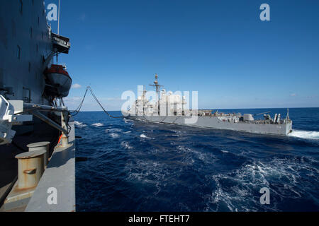 Mer Méditerranée (oct. 28, 2014) - La classe Ticonderoga croiseur lance-missiles mer des Philippines (CG 58) reçoit le carburant de la reconstitution de la flotte oiler USNS Leroy Grumman (T-AO 195) lors d'un en cours de ravitaillement en mer. Grumman, le transport maritime militaire de service en mer Méditerranée commande huileur, est l'avant-déployés aux États-Unis 6e domaine de la flotte des opérations à l'appui des intérêts nationaux en matière de sécurité en Europe et en Afrique. Banque D'Images