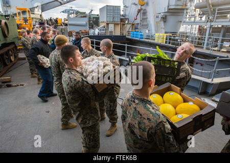 Cette photographie montre des marins et des marines chargeant des réserves lors d'un réapprovisionnement vertical à bord de l'USS Fort McHenry (LSD 43) le 9 janvier 2015, dans le cadre d'opérations navales soutenant les intérêts américains en Europe dans la zone d'opérations de la 6e flotte américaine. Banque D'Images