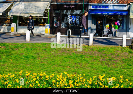 Barnes Village,alimentation,cafés,boutiques,Agents immobiliers,vert,étang Barnes, Pubs, Bulls Head Jazz,Thames River, High Street,London,UK Banque D'Images