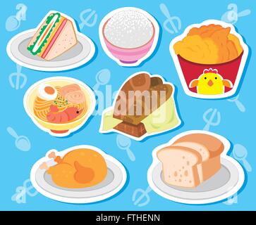 Sept cute food autocollants avec nouilles, poulet, sandwich, pain grillé, du riz, du pain. Illustration de Vecteur