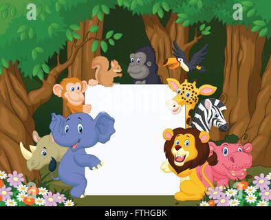 Cartoon animal sauvage holding blank sign Illustration de Vecteur