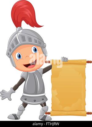 Cartoon knight boy holding blank annonce Illustration de Vecteur