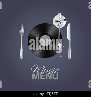 Menu Musique avec du vinyle, couteau, fourchette historique concept. Illustration conceptuelle élégante pour votre conception. Vector Illustration de Vecteur