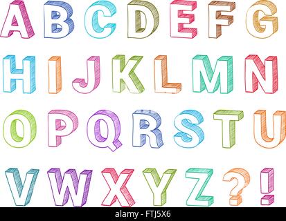 La forme 3d Alphabet hand drawn vector. Sketch font pour l'école d'apprentissage abc ou la conception graphique. Les lettres majuscules Illustration de Vecteur