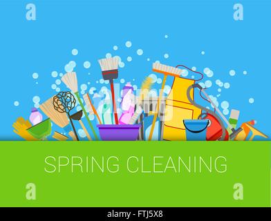 Le nettoyage de printemps composition arrière-plan. Ensemble de produits de nettoyage. Outils de nettoyage. Vector Illustration de Vecteur