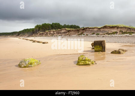 Blocs anti tank sur la plage de Burghead Bay Banque D'Images