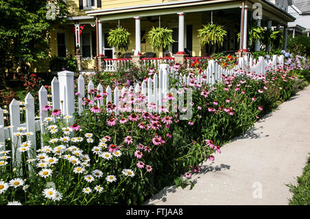 Jardin coloré border l'échinacée, chemin le long d'une clôture blanche garden, New Jersey, USA, United States, US, NJ, Anglais Chemin de jardin, fleurs à la frontière Banque D'Images