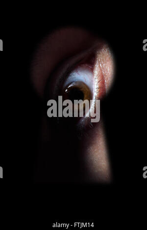 Brown eye masculin par un trou de serrure d'espionnage Banque D'Images