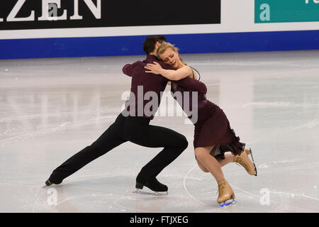 Le Mardi, Mars 29, 2016 : Madison Hubbell et Zachary Donohue (USA) au cours d'une session pratique de skate sur le Championnat mondial tenu à TD Garden, à Boston, Massachusetts. Eric Canha/CSM Banque D'Images