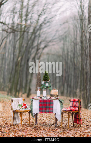 Tableau de créativité avoyées pour deux et décorées avec des décorations de Noël dans la forêt d'automne Banque D'Images