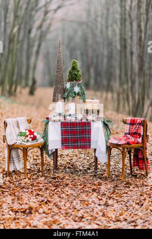 Tableau de créativité avoyées pour deux et décorées avec des décorations de Noël dans la forêt d'automne Banque D'Images