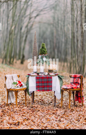 Tableau de créativité avoyées pour deux et décorées avec des décorations de Noël dans la forêt d'automne Banque D'Images