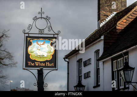 Belle enseigne de pub pour le 18e siècle Le White Hart dans High Street Crawley. Banque D'Images