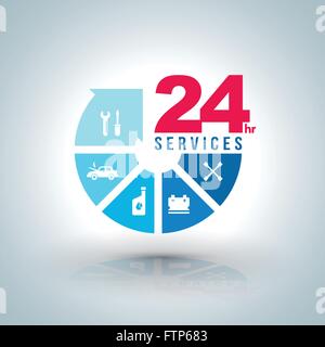 Flèche de cercle étape services 24 heures avec des icônes de voitures de service. Vector illustration. pour la voiture concept services et business car s Illustration de Vecteur