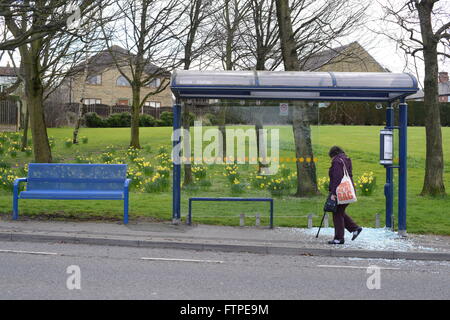 Une femme à la recherche à une fenêtre sur un arrêt de bus vandalisés à Barnsley, dans le Yorkshire du Sud, Royaume-Uni. Banque D'Images