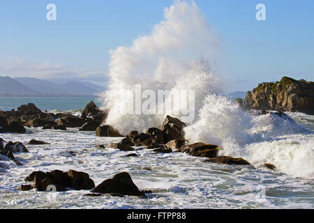 En mer, les vagues se brisant sur les rochers de la plage Armacao - sud de l'île Banque D'Images