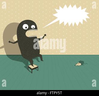 Illustration d'un drôle de monstre sur une petite chaise en hurlant parce qu'il est effrayé par une petite souris Illustration de Vecteur