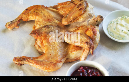 Tabac de poulet sur du papier avec des canneberges et sauces blanches Banque D'Images