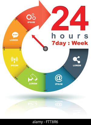 Le service et l'assistance autour de l'horloge, 24 heures par jour et 7 jours par semaine symbole isolé sur fond blanc. L'icône bleu stylisé Illustration de Vecteur
