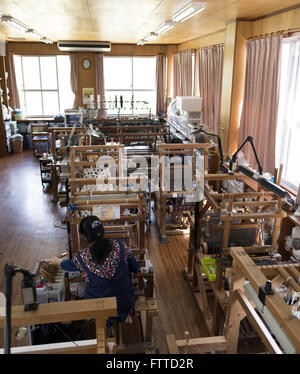 Weaver / artisane à Koubo Orimono Oshiro Koushiro - Oshrio Koushiro, atelier textile, Okinawa Haebaru Banque D'Images