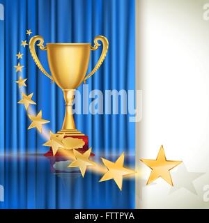 Sports d'or cup le rideau bleu fond avec flying stars. vector illustration Illustration de Vecteur